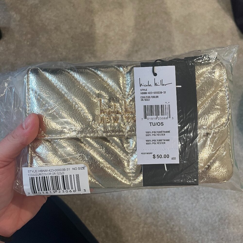 NWT Nicole Miller Quilted Shoulder Bag - Luxurious Gold - Picture 2 of 3